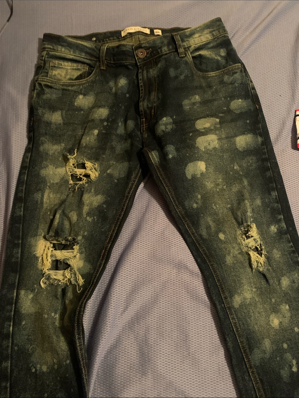 Men's Skinny Distressed Jeans in Dark Blue with Bleach Accents